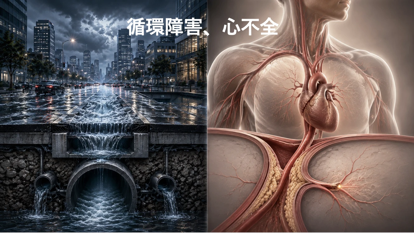 都市の水循環障害と人体の心不全を対比し、大地の循環不全を表した概念図